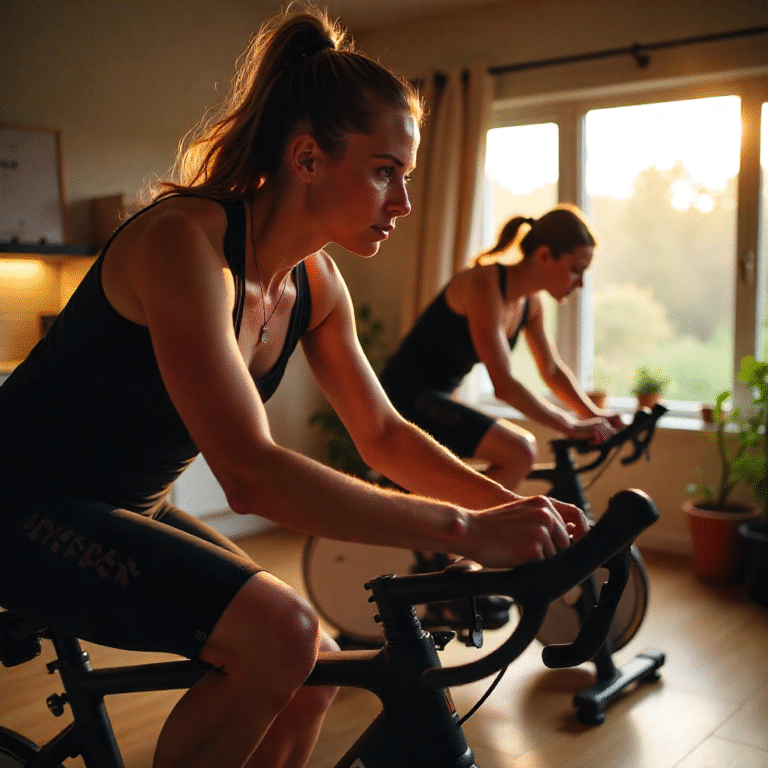 Man and woman cooling down after indoor cycling session with relaxed posture and light stretching in home gym setup