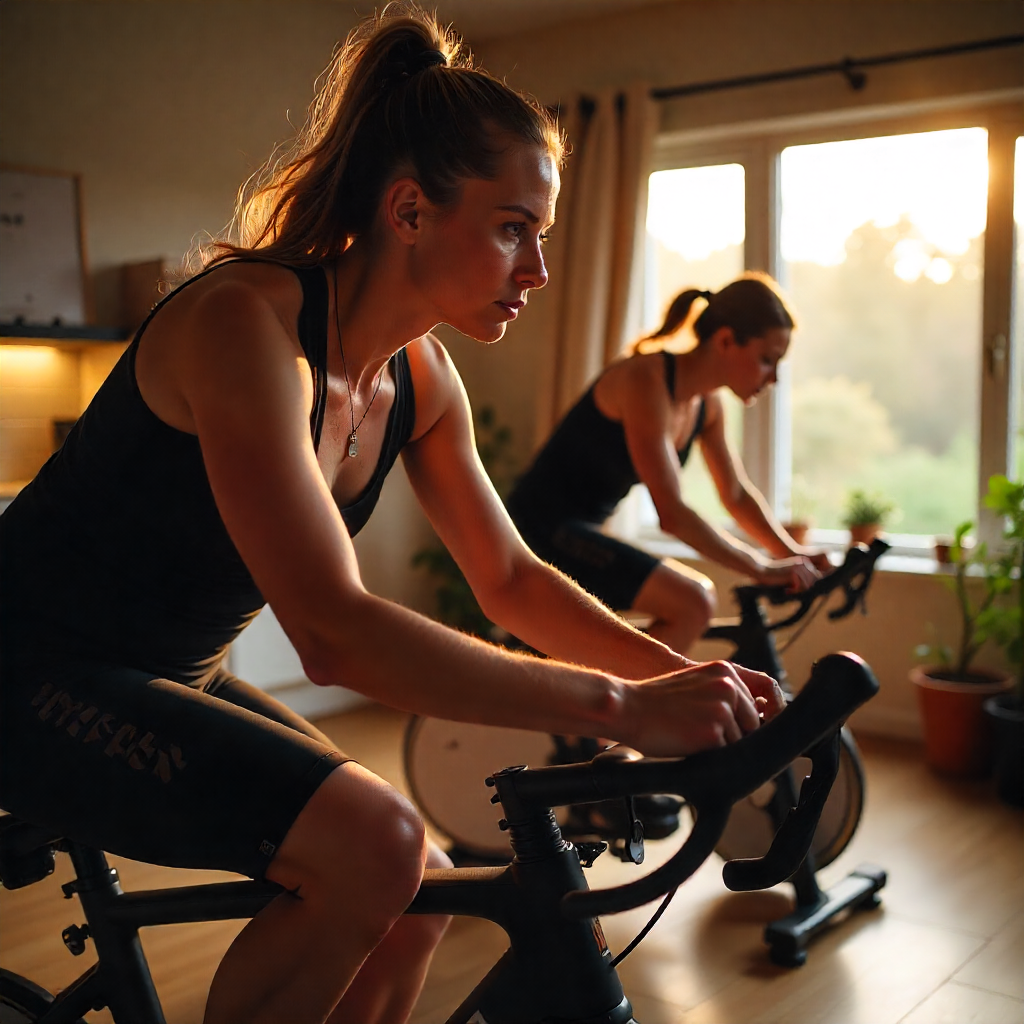 Man and woman cooling down after indoor cycling session with relaxed posture and light stretching in home gym setup